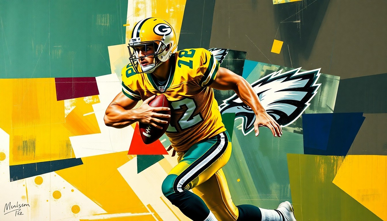 A fractured, multi-perspective painting in vibrant shades of green, gold, and midnight blue, breaking down the motion of a football player into sharp, overlapping geometric planes.