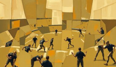 A fragmented, geometric painting depicting a football coaching scene, with sharp planes of muted earth tones overlapping to create a dynamic, abstract composition that captures the essence of the sport and the career of coach Dave McGinnis.