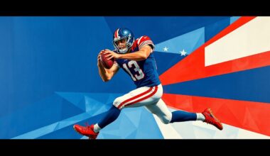 A fractured, geometric painting depicting a football player making a catch, with sharp planes of navy blue, red, and white overlapping to create a dynamic, abstract composition.