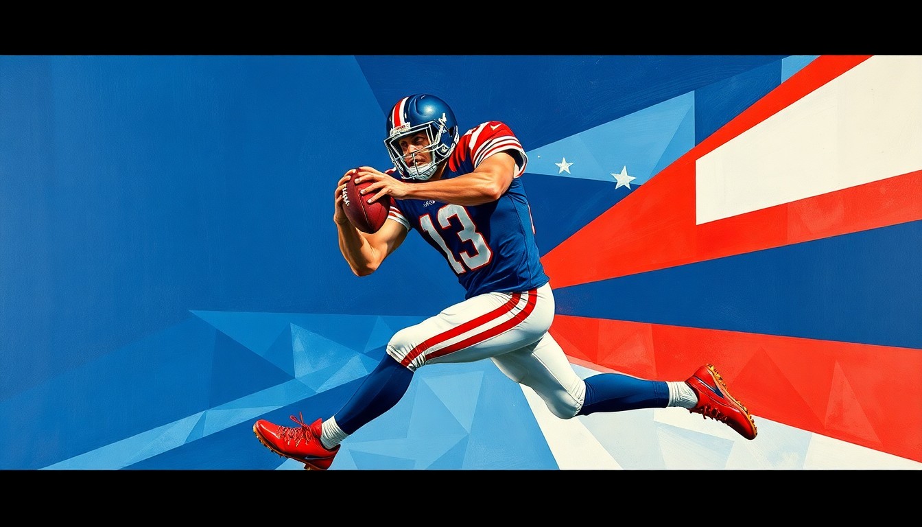 A fractured, geometric painting depicting a football player making a catch, with sharp planes of navy blue, red, and white overlapping to create a dynamic, abstract composition.