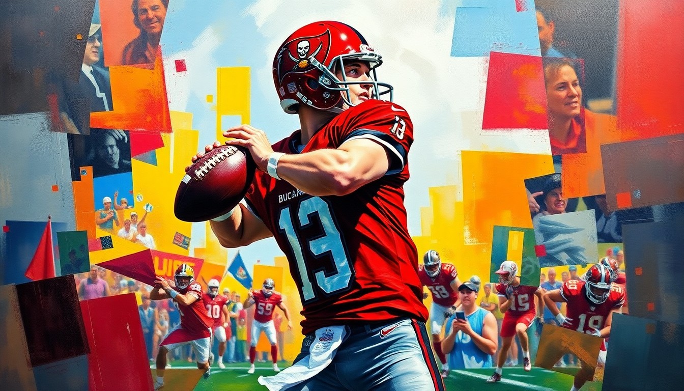 A cubist, geometric painting depicting a quarterback in the midst of a passing motion, with the player