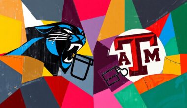 A fragmented, geometric painting in shades of blue, black, and red depicts the motion and energy of a football game, with overlapping shapes and planes representing the strategic battle between offense and defense.