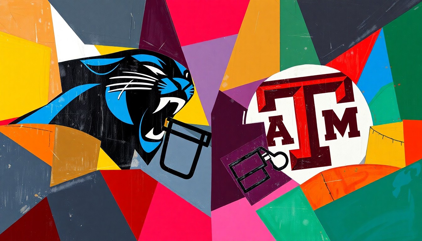 A fragmented, geometric painting in shades of blue, black, and red depicts the motion and energy of a football game, with overlapping shapes and planes representing the strategic battle between offense and defense.