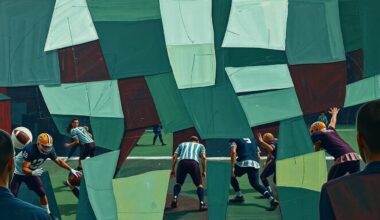 A fractured, cubist-style painting depicting a football coaching scene, with sharp geometric planes in muted tones of navy, green, and burgundy, conveying the concept of a respected coach