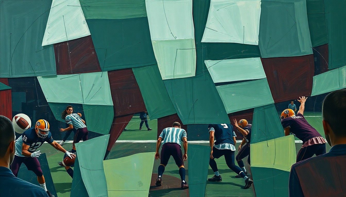 A fractured, cubist-style painting depicting a football coaching scene, with sharp geometric planes in muted tones of navy, green, and burgundy, conveying the concept of a respected coach