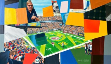 A cubist, geometric painting depicting fragmented football players and draft prospects, conveying the strategic complexity of the NFL draft process.