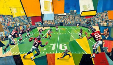 A cubist-style painting featuring overlapping geometric shapes and planes, abstractly representing a football game or quarterback action, without any recognizable figures or text.