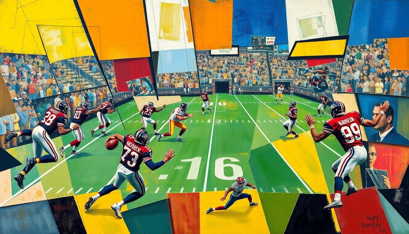 A cubist-style painting featuring overlapping geometric shapes and planes, abstractly representing a football game or quarterback action, without any recognizable figures or text.