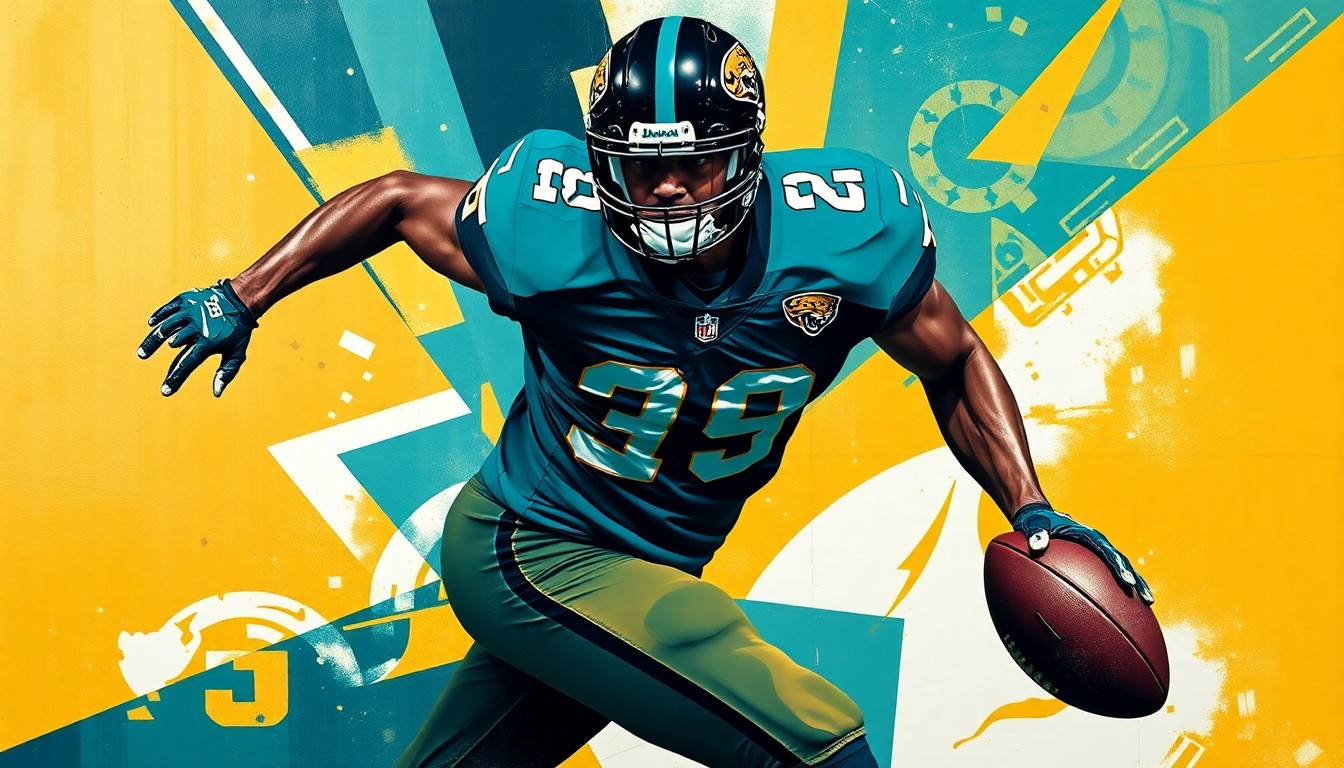 A fractured, cubist-style painting depicting a football player in motion, with sharp geometric planes in teal, gold, and black representing the player