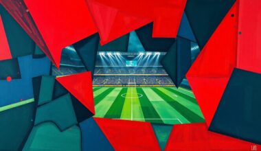 A fragmented, geometric painting depicting the action and energy of an American football game, with sharp planes of color and shape representing the dynamic movements of the players on the field.