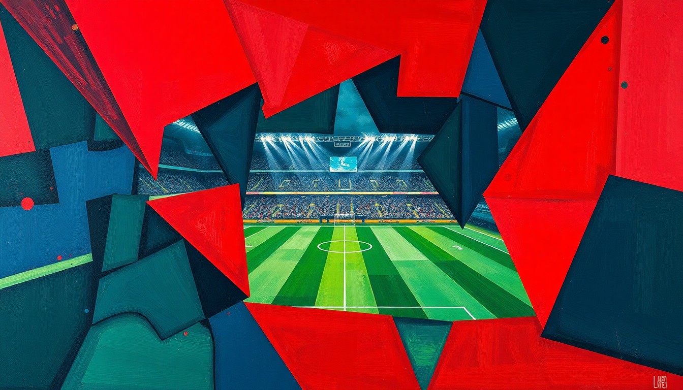 A fragmented, geometric painting depicting the action and energy of an American football game, with sharp planes of color and shape representing the dynamic movements of the players on the field.