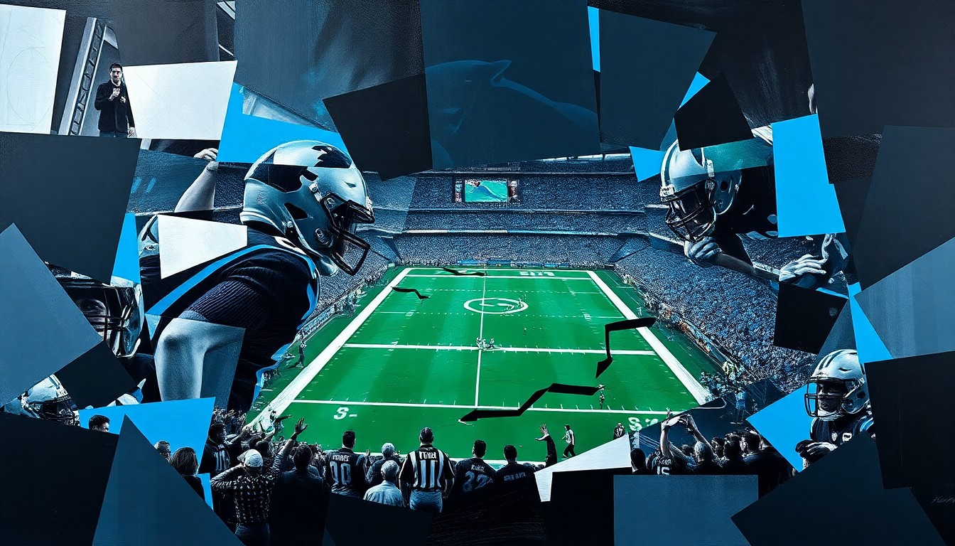 A fractured, cubist-style painting depicting a football game or match, with sharp geometric shapes in the Carolina Panthers