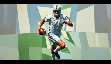 A fractured, geometric painting in the style of Pablo Picasso, with sharp, overlapping planes representing a football player in motion, their jersey number faintly visible but no other identifiable features, conceptually illustrating the complex and contested nature of allegations against NFL players.