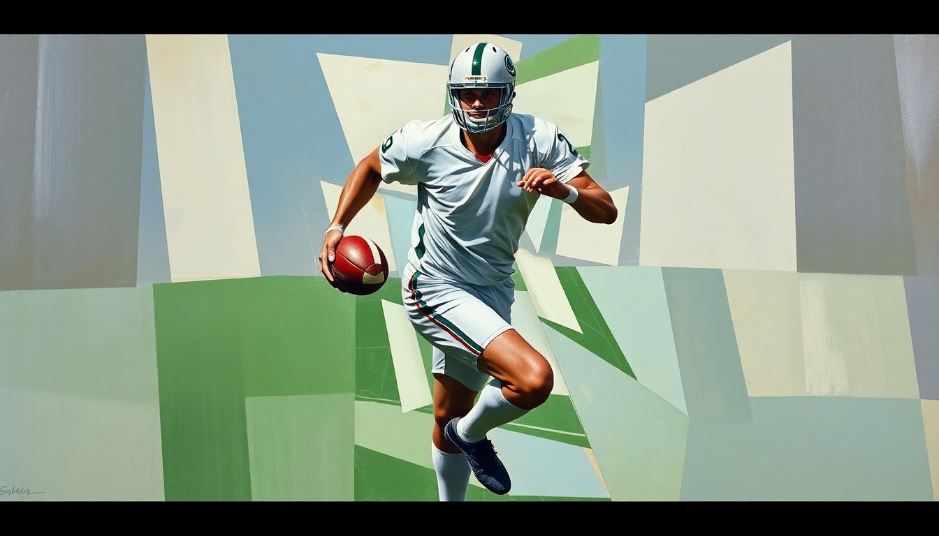 A fractured, geometric painting in the style of Pablo Picasso, with sharp, overlapping planes representing a football player in motion, their jersey number faintly visible but no other identifiable features, conceptually illustrating the complex and contested nature of allegations against NFL players.