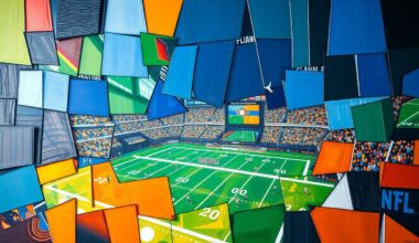 A fractured, cubist-style painting depicting the chaotic energy of an NFL Draft scene, with sharp geometric shapes and overlapping planes in a palette of navy, green, and orange.