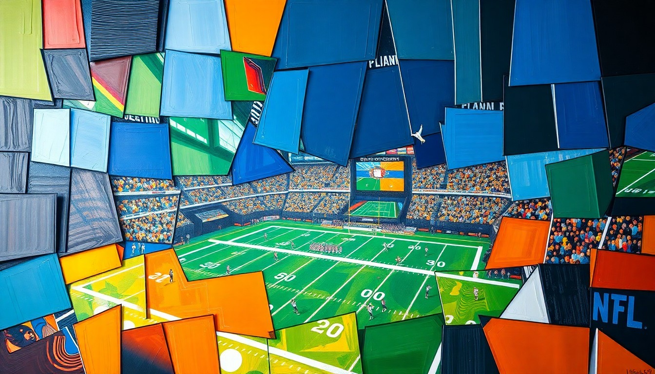 A fractured, cubist-style painting depicting the chaotic energy of an NFL Draft scene, with sharp geometric shapes and overlapping planes in a palette of navy, green, and orange.
