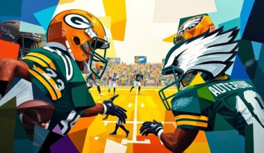 A fractured, cubist-style painting depicting a football game or match, with sharp geometric planes in the team colors of the Packers and Eagles, conceptually representing the strategic trade between the two NFL franchises.