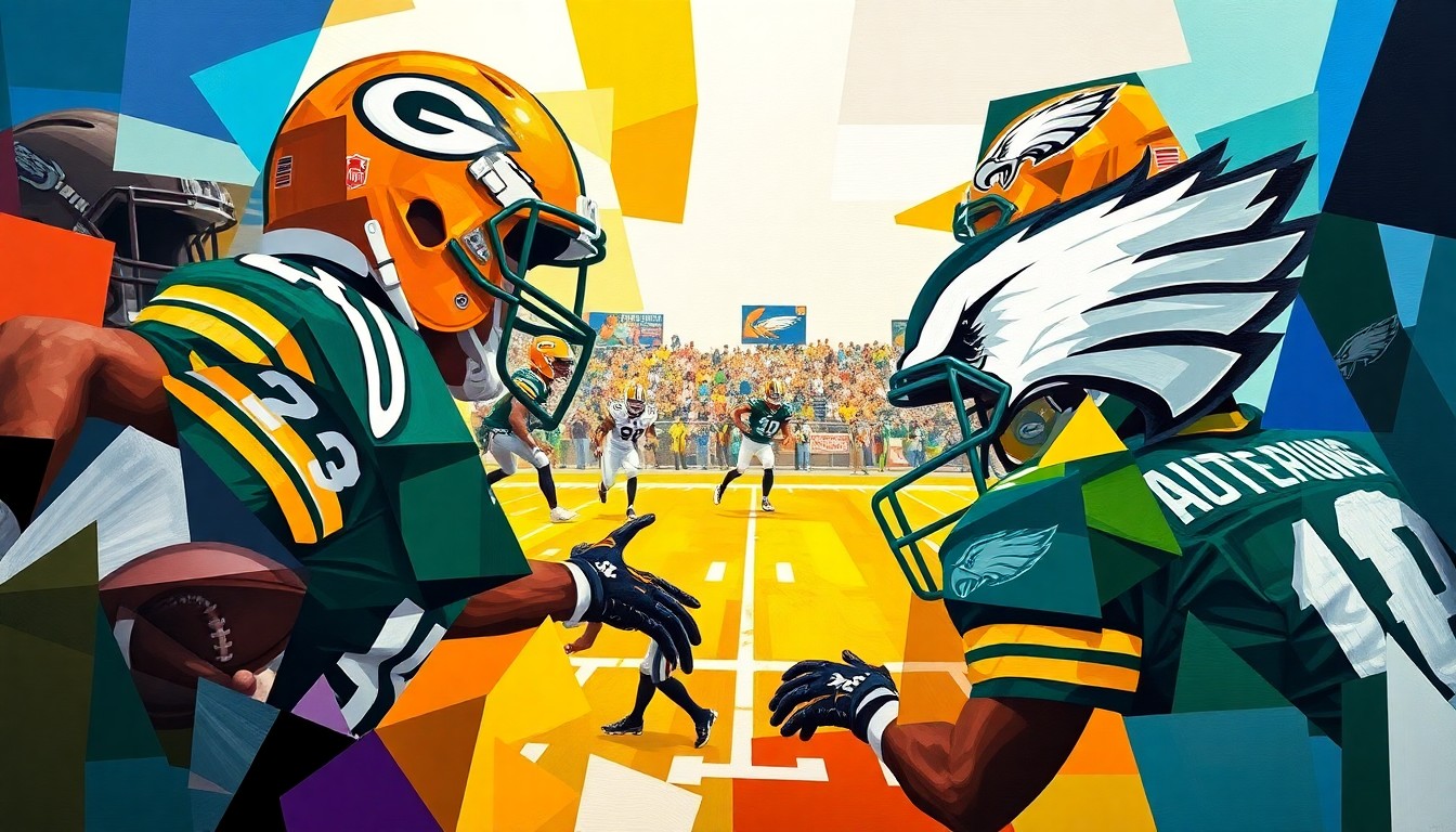 A fractured, cubist-style painting depicting a football game or match, with sharp geometric planes in the team colors of the Packers and Eagles, conceptually representing the strategic trade between the two NFL franchises.