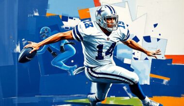A fragmented, geometric painting depicting a football player in motion, with sharp planes of navy blue, silver, and white representing the Dallas Cowboys