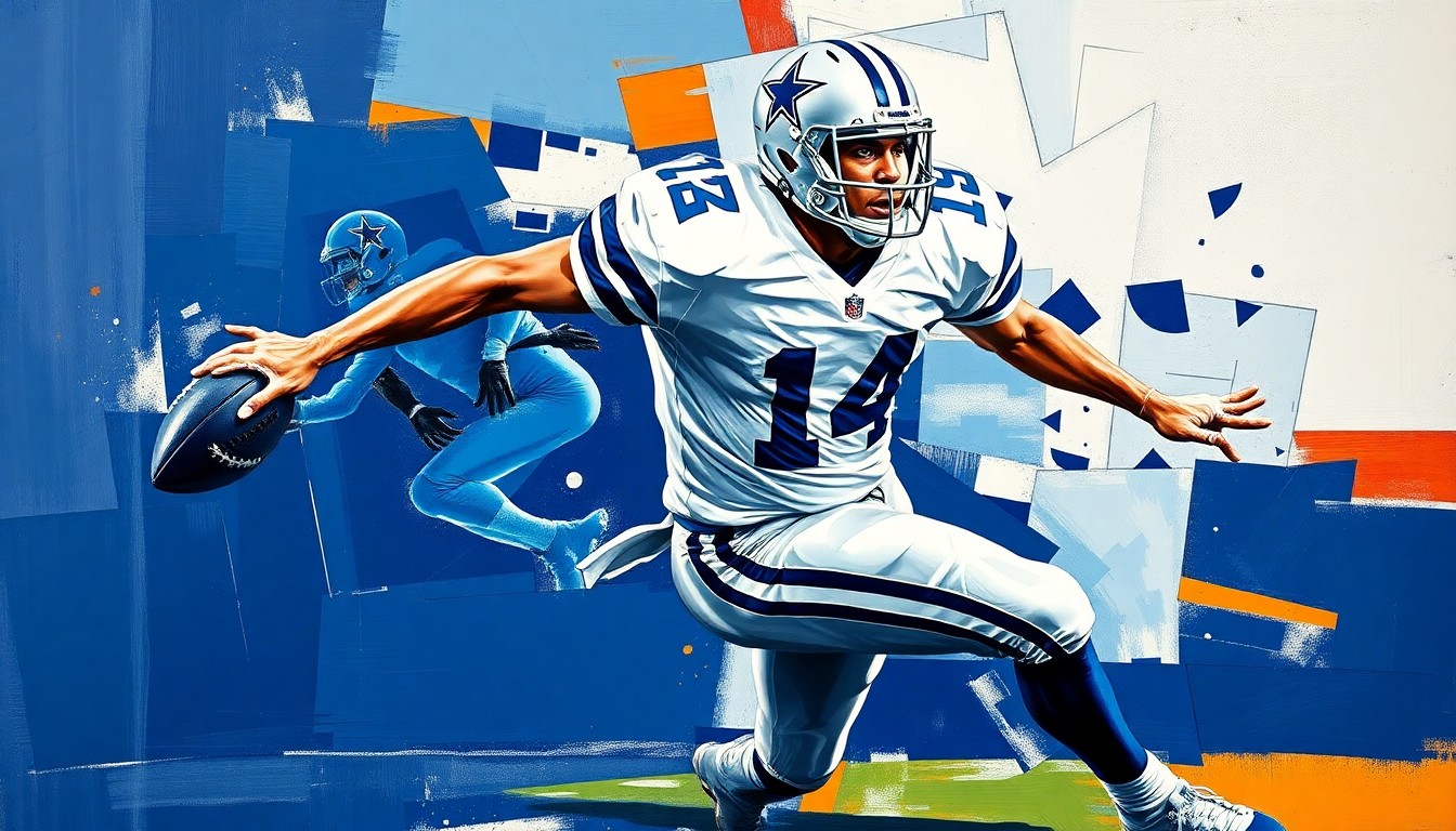 A fragmented, geometric painting depicting a football player in motion, with sharp planes of navy blue, silver, and white representing the Dallas Cowboys