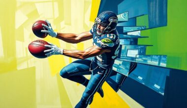 A cubist-style painting depicting a Seattle Seahawks defensive player making an interception, with the action broken down into overlapping geometric shapes and planes in a vibrant color palette.