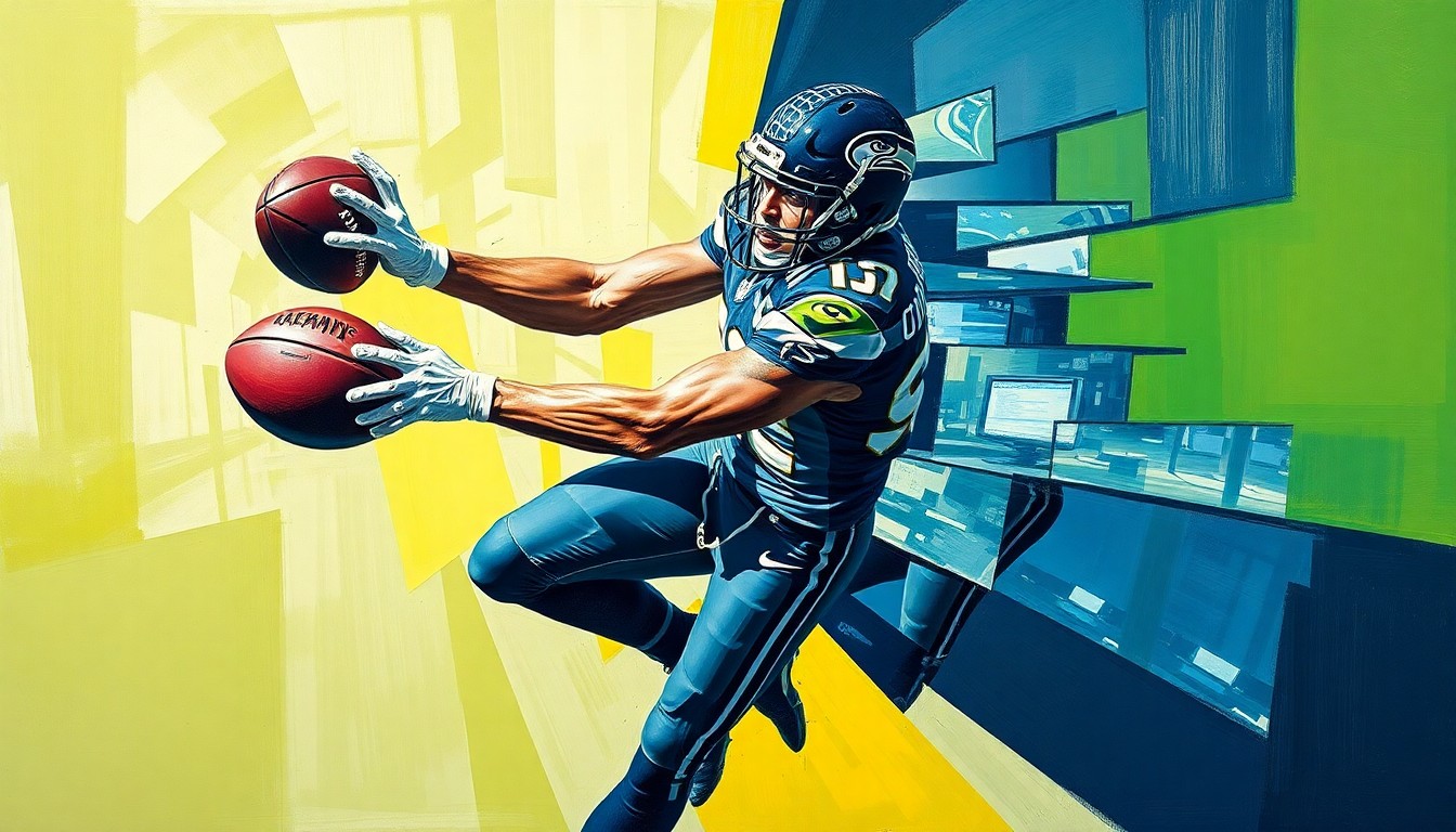 A cubist-style painting depicting a Seattle Seahawks defensive player making an interception, with the action broken down into overlapping geometric shapes and planes in a vibrant color palette.