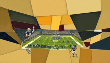 A fragmented, cubist-style painting depicting an abstract football scene or NFL draft stage, with sharp geometric shapes in muted earth tones and pops of burgundy and navy, conveying the complex decision-making process facing the Commanders