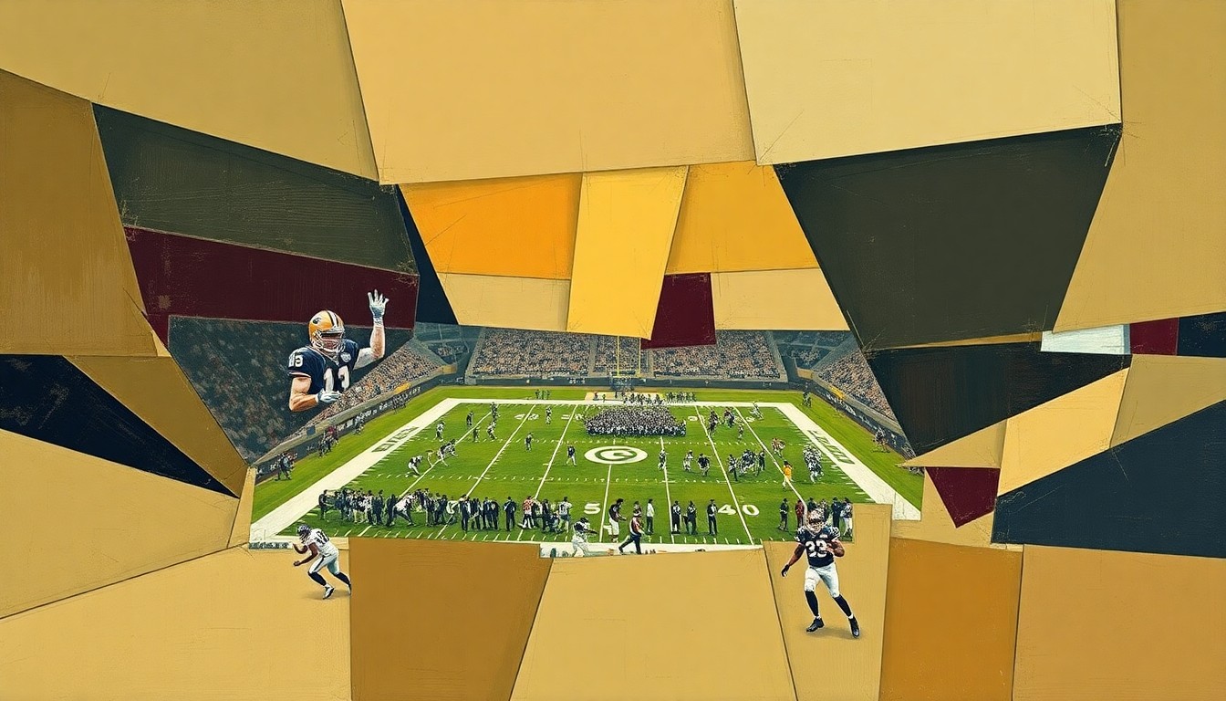 A fragmented, cubist-style painting depicting an abstract football scene or NFL draft stage, with sharp geometric shapes in muted earth tones and pops of burgundy and navy, conveying the complex decision-making process facing the Commanders