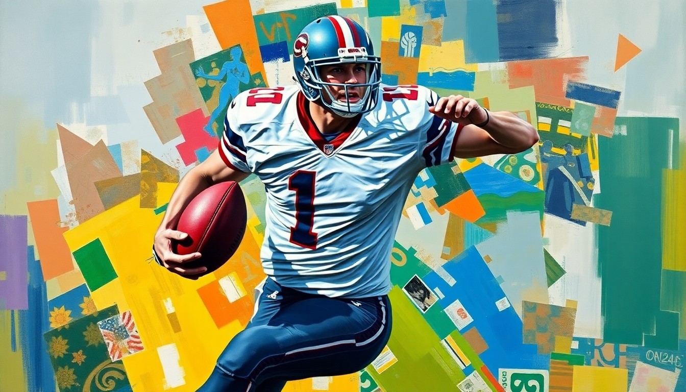 A fragmented, cubist-style painting depicting a football player in mid-action, with their jersey and equipment visible but broken down into sharp, overlapping geometric shapes against a colorful abstract background.