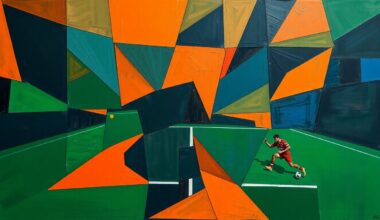 A cubist, geometric painting depicting a football player in motion, with sharp, overlapping shapes in a palette of deep orange, navy blue, and forest green, conveying the energy and intensity of the game.