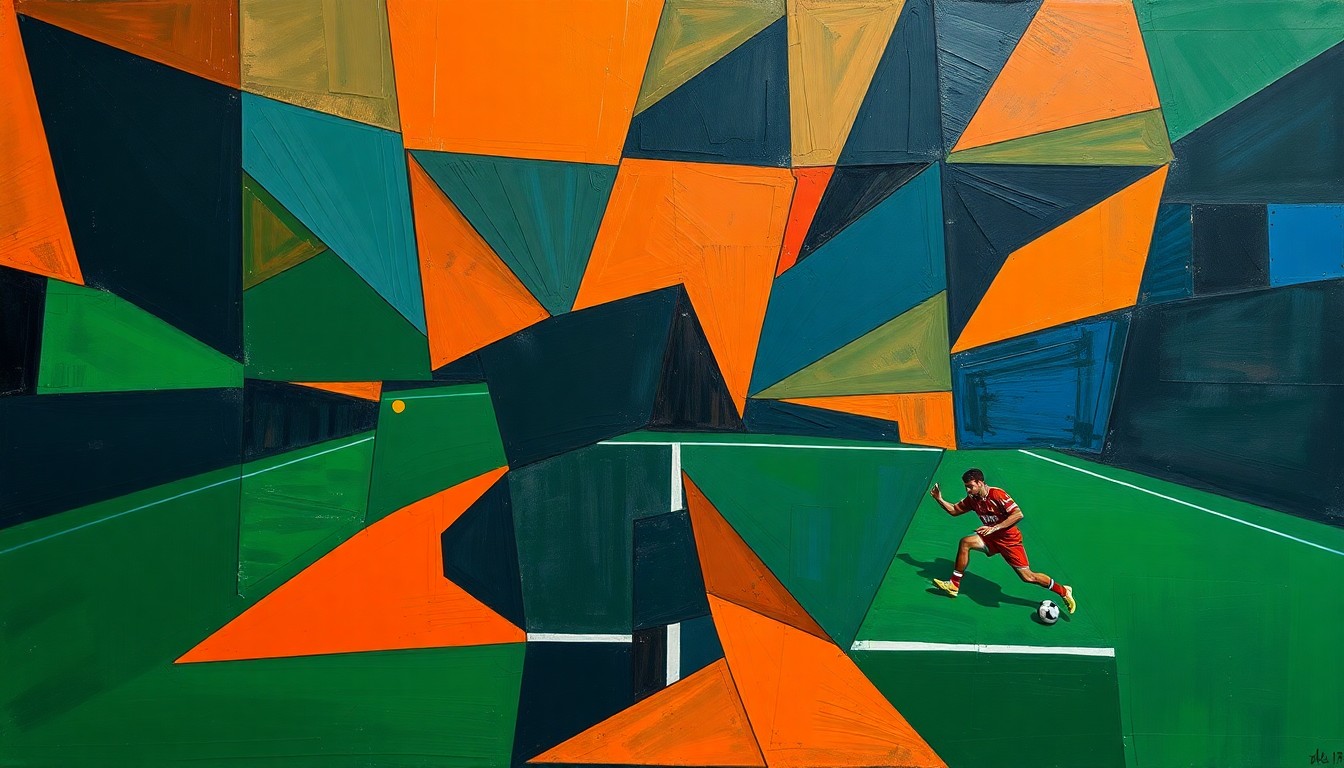 A cubist, geometric painting depicting a football player in motion, with sharp, overlapping shapes in a palette of deep orange, navy blue, and forest green, conveying the energy and intensity of the game.