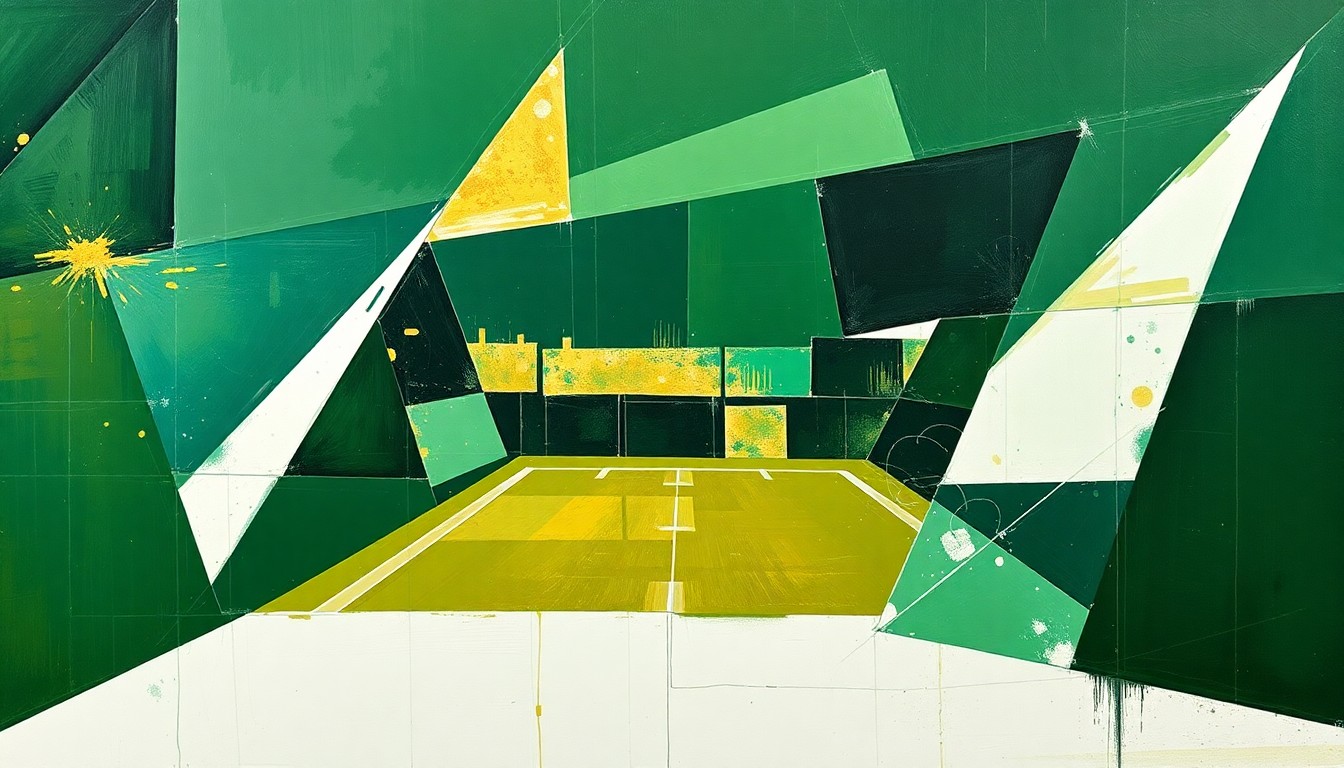A cubist, geometric painting depicting a fragmented football game, with sharp, overlapping planes of green, gold, and white representing the players and field.