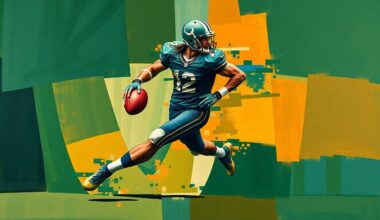 A fragmented, geometric painting depicting a football player in motion, their body broken down into sharp, overlapping planes of color, capturing the dynamic energy of the sport.