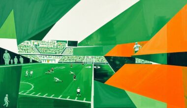 A cubist-style painting featuring fragmented geometric shapes in shades of green, white, and orange, representing the complex decision-making process of a quarterback during a football game.