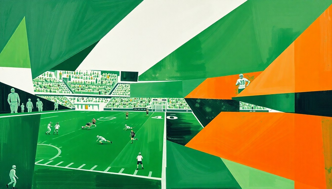 A cubist-style painting featuring fragmented geometric shapes in shades of green, white, and orange, representing the complex decision-making process of a quarterback during a football game.
