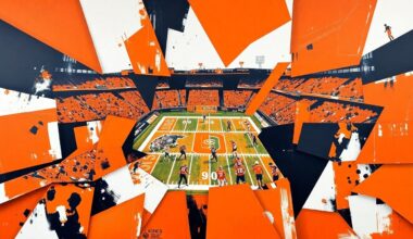 A cubist-style painting featuring sharp, overlapping geometric planes in shades of orange, black, and white, depicting a Bengals football game in an abstract, deconstructed manner.