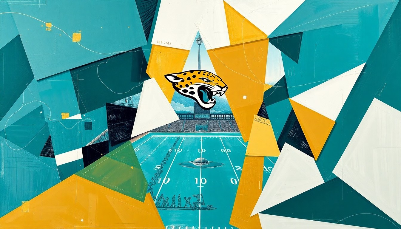 A cubist, geometric painting depicting a Jaguars football game, with sharp, overlapping planes of teal, gold, and white representing the dynamic action on the field.