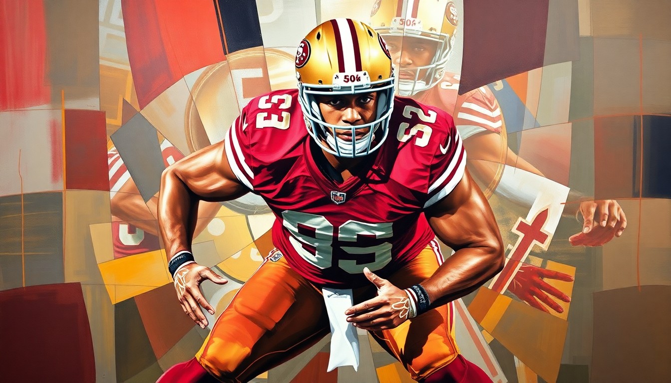 A fragmented, geometric painting depicting an offensive lineman in pass protection, with sharp planes of red and gold colors representing the 49ers