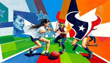 A vibrant, cubist-style painting depicting a girls flag football game broken down into sharp, overlapping geometric shapes and planes in the team colors of the Dallas Cowboys and Houston Texans.