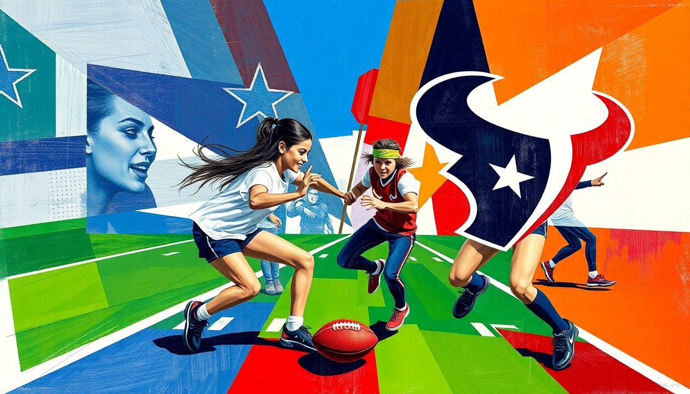 A vibrant, cubist-style painting depicting a girls flag football game broken down into sharp, overlapping geometric shapes and planes in the team colors of the Dallas Cowboys and Houston Texans.