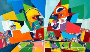 A fragmented, geometric painting in bold colors depicting an abstract football game or NFL draft scene, with sharp overlapping shapes and planes representing the strategic elements involved in finding late-round talent.