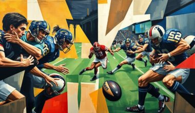 A cubist, geometric painting depicting the dynamic energy of rugby and football players, their faces and uniforms abstracted into unrecognizable shapes, representing the disconnect between athletes in different sports.