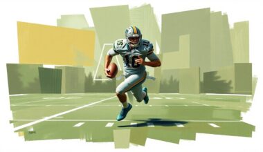 A cubist-style painting depicting a college football player in mid-motion, with their body fractured into overlapping geometric shapes in muted earth tones, conceptually representing the complex legal battle over NCAA eligibility rules.