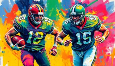 An abstract, expressionist painting featuring two football players in dynamic motion, their forms and uniforms dissolving into vibrant splashes of neon colors, capturing the raw energy and excitement of the sport.