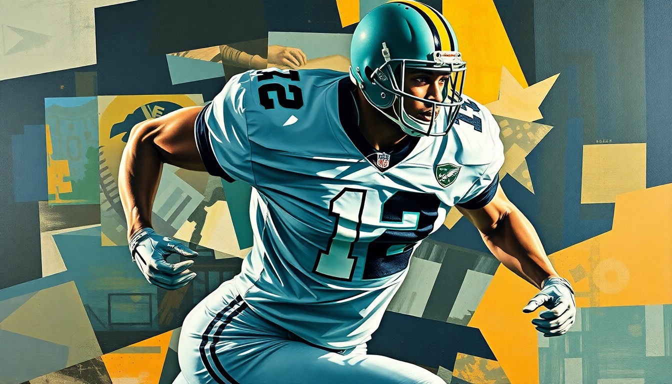 A cubist-style painting depicting a football player in motion, with their jersey and helmet partially obscured by overlapping geometric shapes and planes, capturing the dynamic energy of the sport.