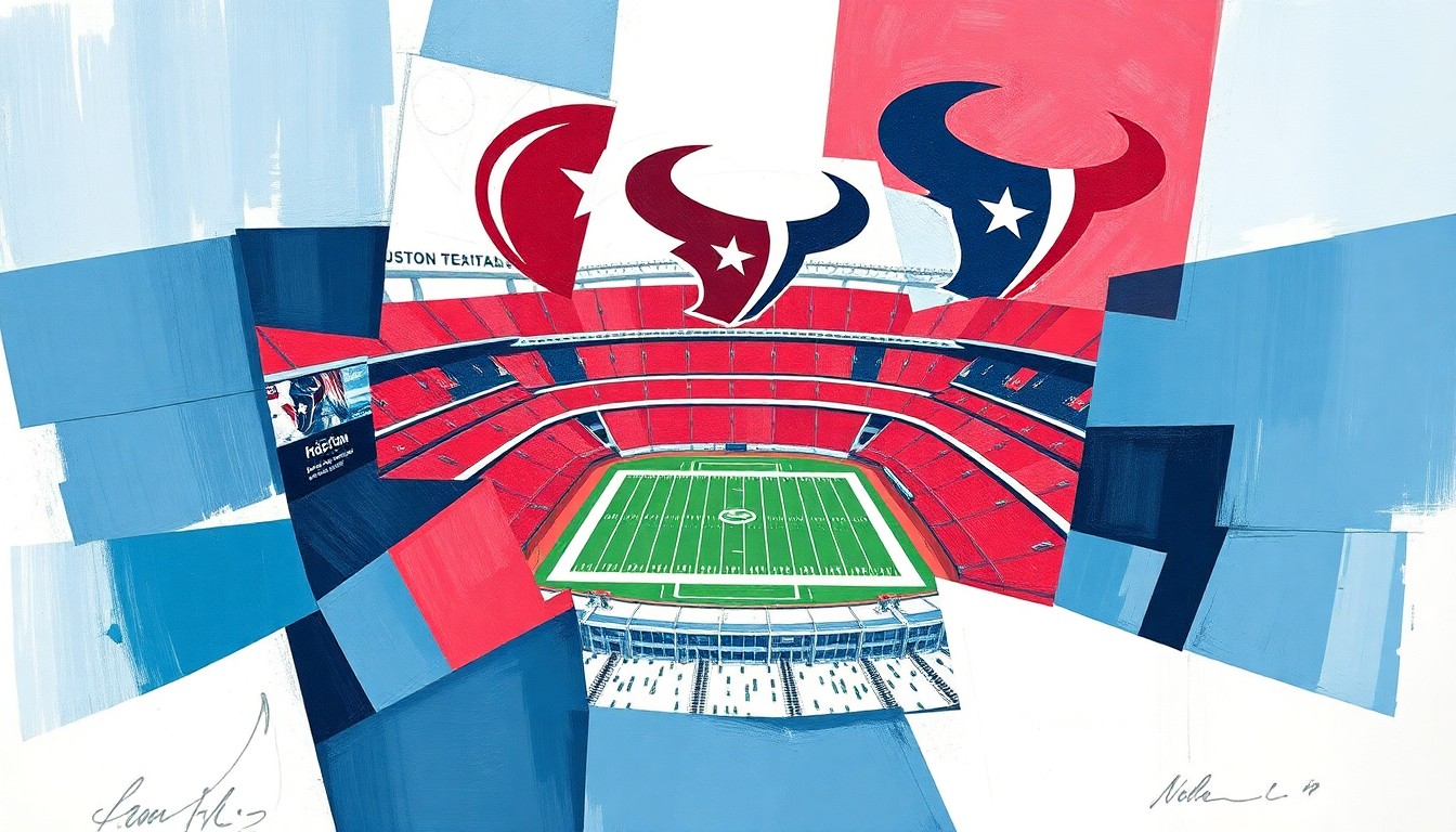 A fragmented, geometric painting in deep blues, reds, and whites, depicting the Houston Texans