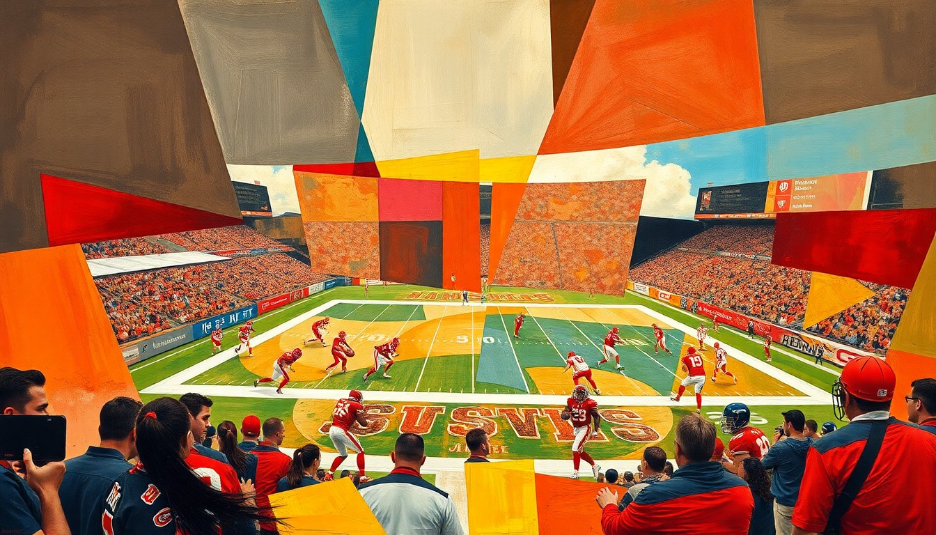 A fractured, multi-perspective painting depicting a Kansas City Chiefs football game broken down into abstract geometric shapes and planes of muted red, gold, and blue, capturing the dynamic energy of the sport in a cubist style.