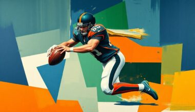 A fractured, geometric painting depicting a football player
