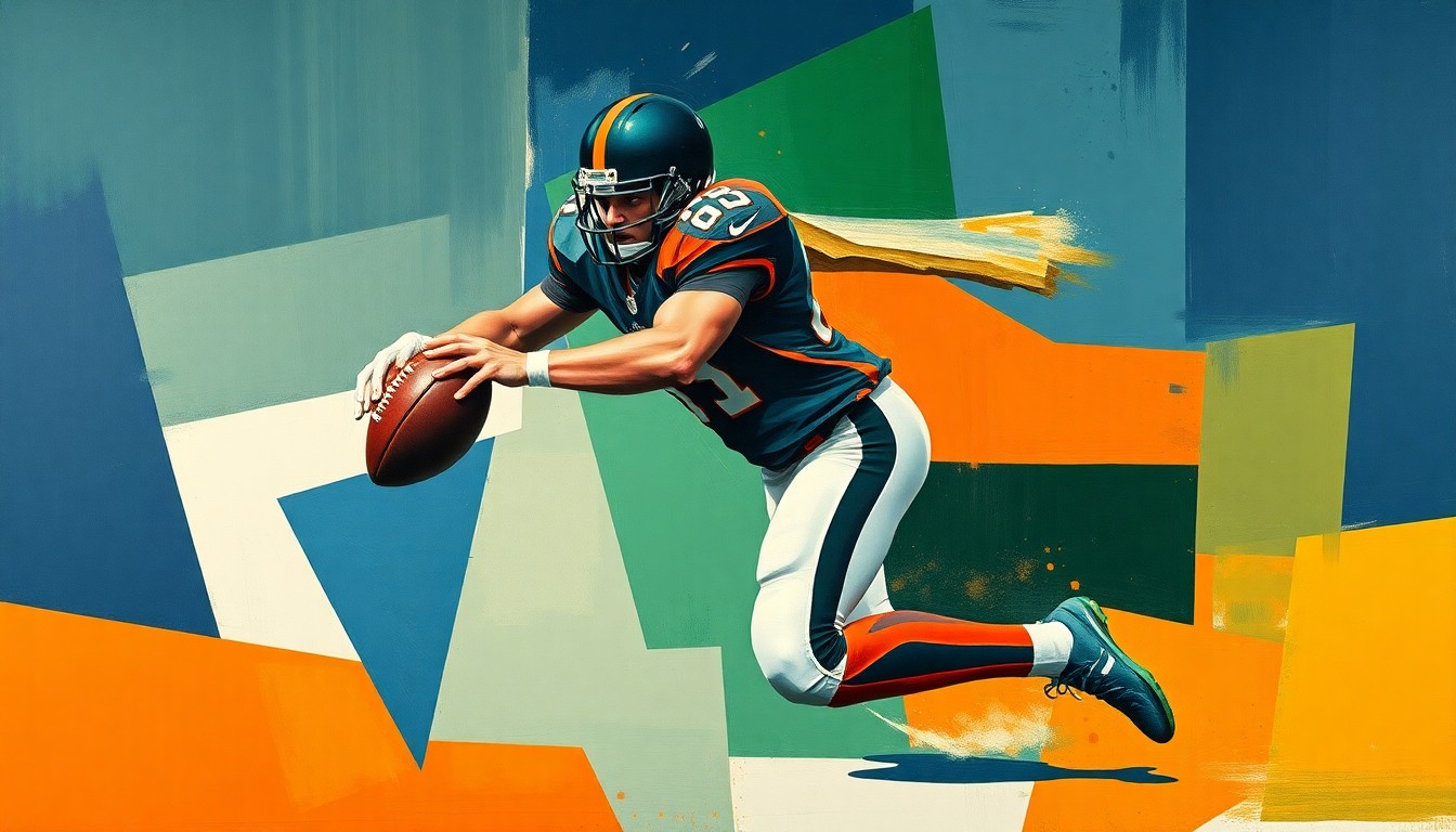 A fractured, geometric painting depicting a football player