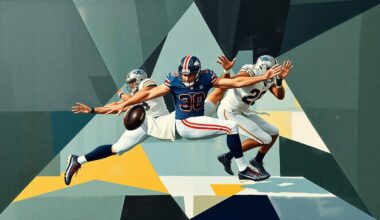 A fractured, multi-perspective painting depicting Christian McCaffrey